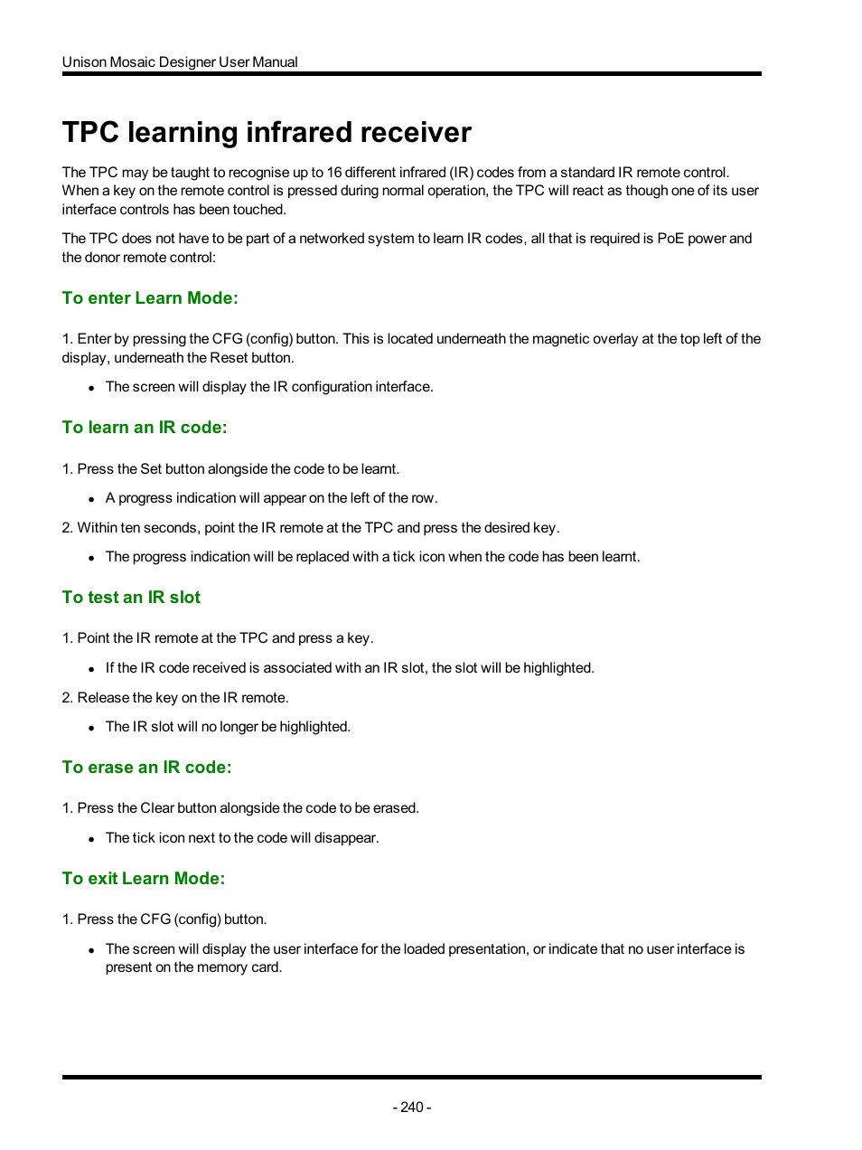 Tpc learning infrared receiver, To enter learn mode, To learn an ir code | To test an ir slot, To erase an ir code, To exit learn mode | ETC Unison Mosaic Designer v1.11.0 User Manual | Page 240 / 252