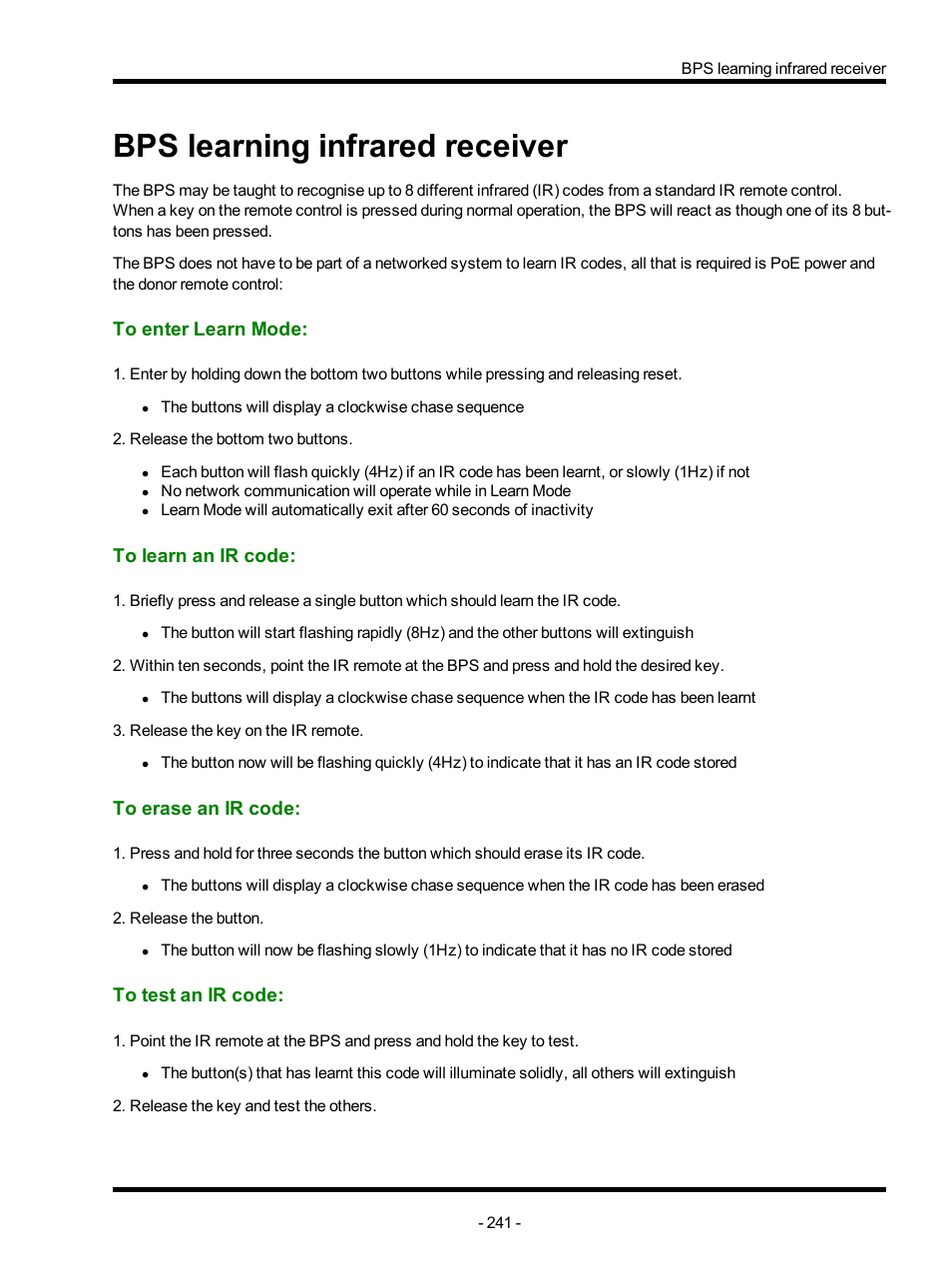 Bps learning infrared receiver, To enter learn mode, To learn an ir code | To erase an ir code, To test an ir code | ETC Unison Mosaic Designer v1.11.0 User Manual | Page 241 / 252