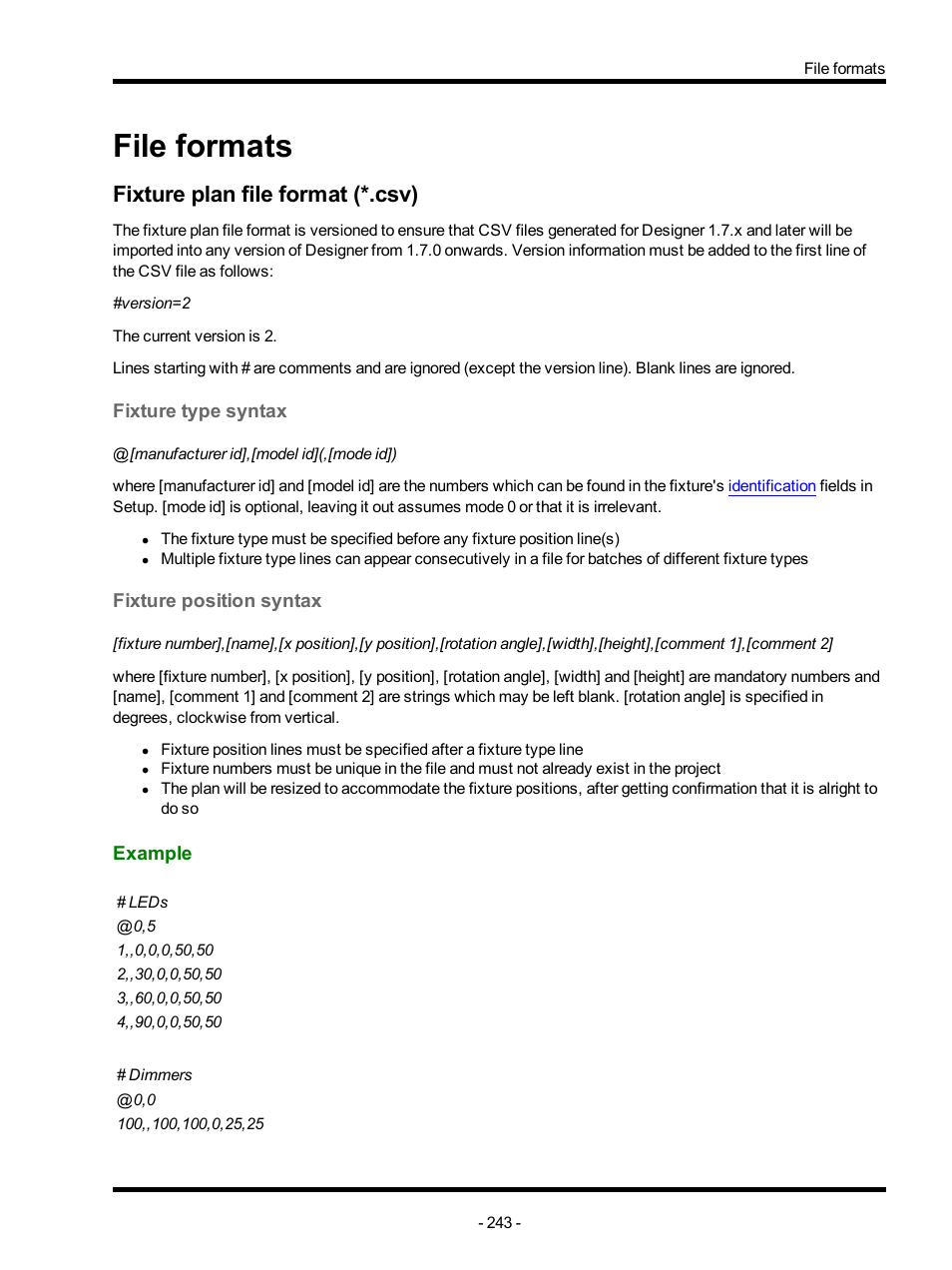 File formats, Fixture plan file format (*.csv), Fixture type syntax | Fixture position syntax, Example, Fixture, Plan file format, Pixel matrix file, Format | ETC Unison Mosaic Designer v1.11.0 User Manual | Page 243 / 252