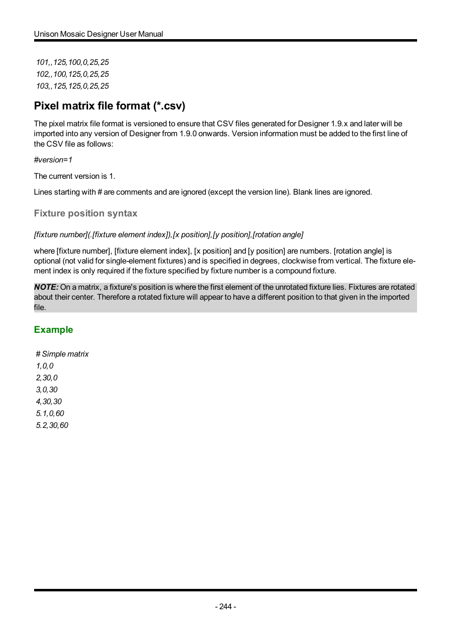 Pixel matrix file format (*.csv), Fixture position syntax, Example | ETC Unison Mosaic Designer v1.11.0 User Manual | Page 244 / 252