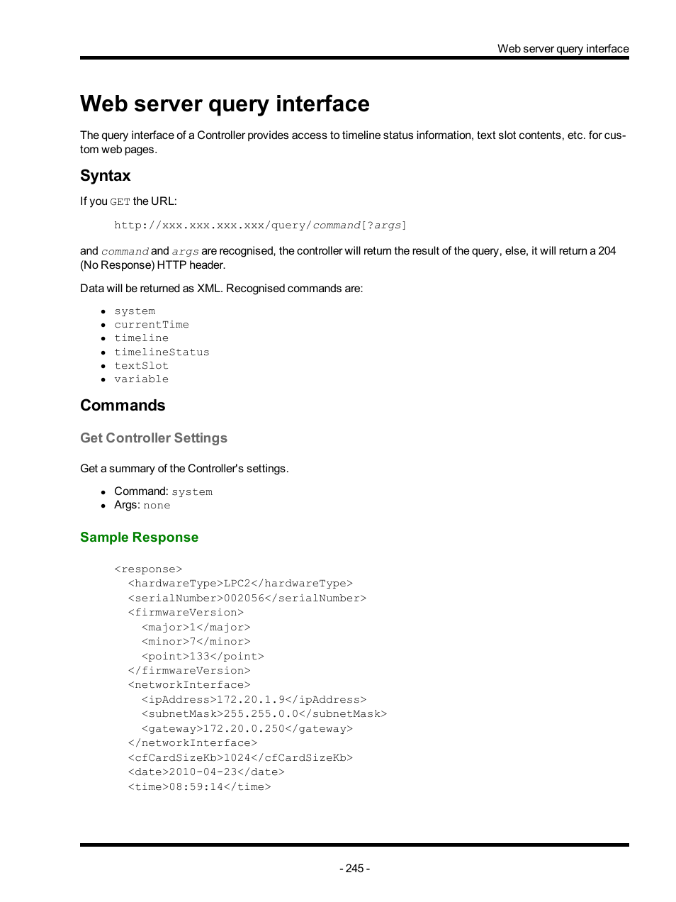 Web server query interface, Syntax, Commands | Get controller settings, Sample response | ETC Unison Mosaic Designer v1.11.0 User Manual | Page 245 / 252