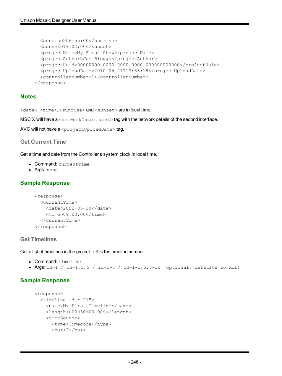 Notes, Get current time, Sample response | Get timelines | ETC Unison Mosaic Designer v1.11.0 User Manual | Page 246 / 252