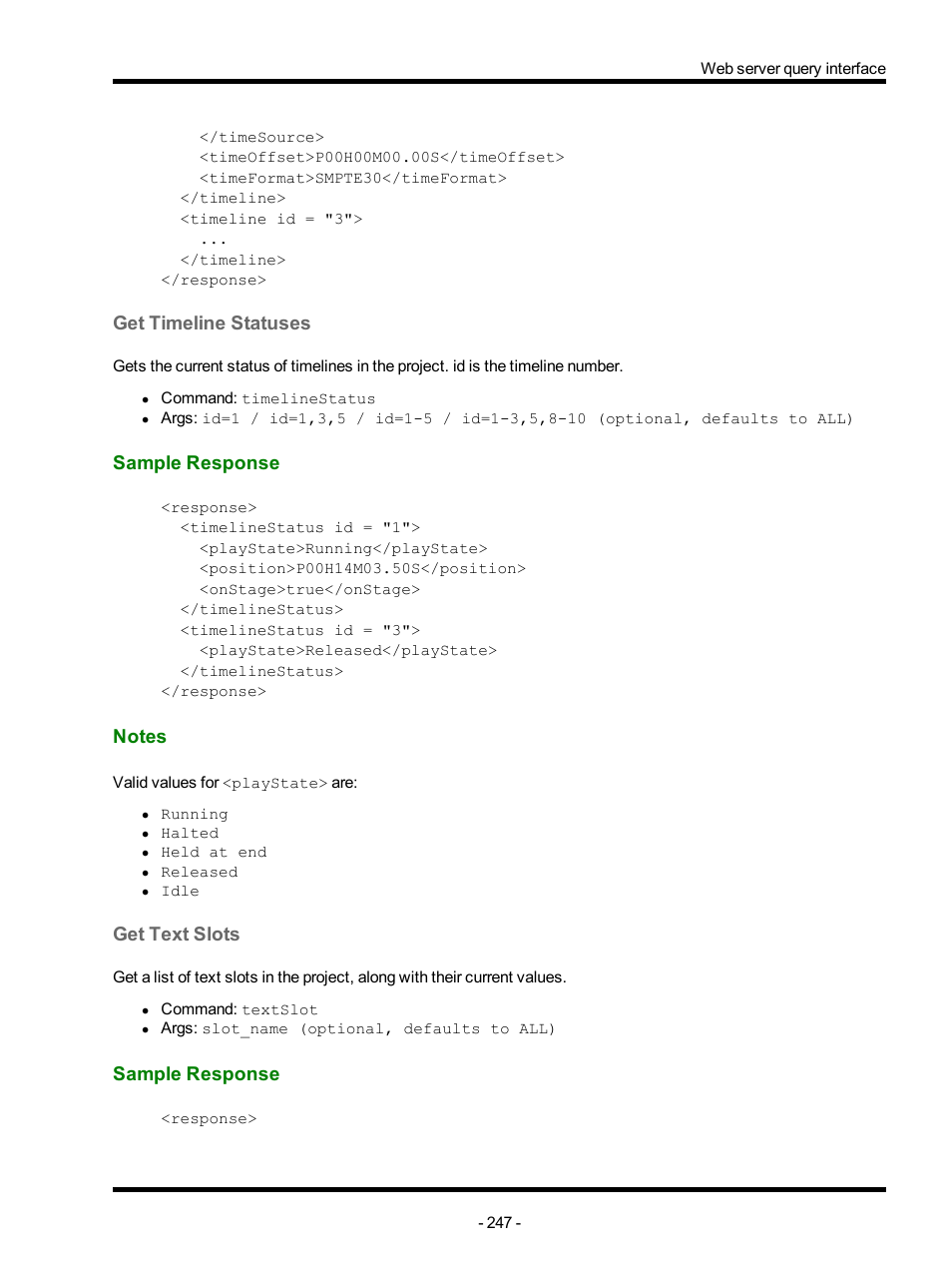 Get timeline statuses, Sample response, Notes | Get text slots | ETC Unison Mosaic Designer v1.11.0 User Manual | Page 247 / 252