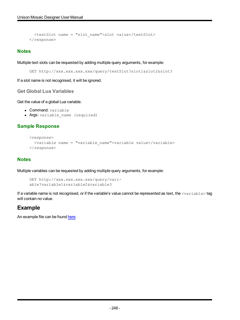 Notes, Get global lua variables, Sample response | Example | ETC Unison Mosaic Designer v1.11.0 User Manual | Page 248 / 252