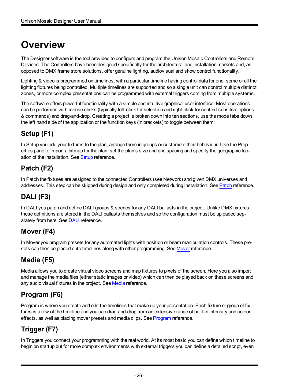 Overview, Setup (f1), Patch (f2) | Dali (f3), Mover (f4), Media (f5), Program (f6), Trigger (f7) | ETC Unison Mosaic Designer v1.11.0 User Manual | Page 26 / 252