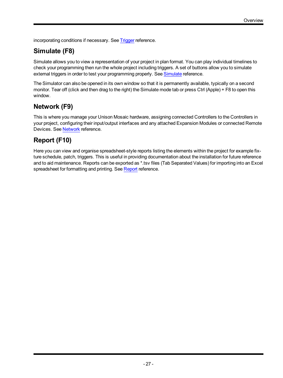 Simulate (f8), Network (f9), Report (f10) | ETC Unison Mosaic Designer v1.11.0 User Manual | Page 27 / 252