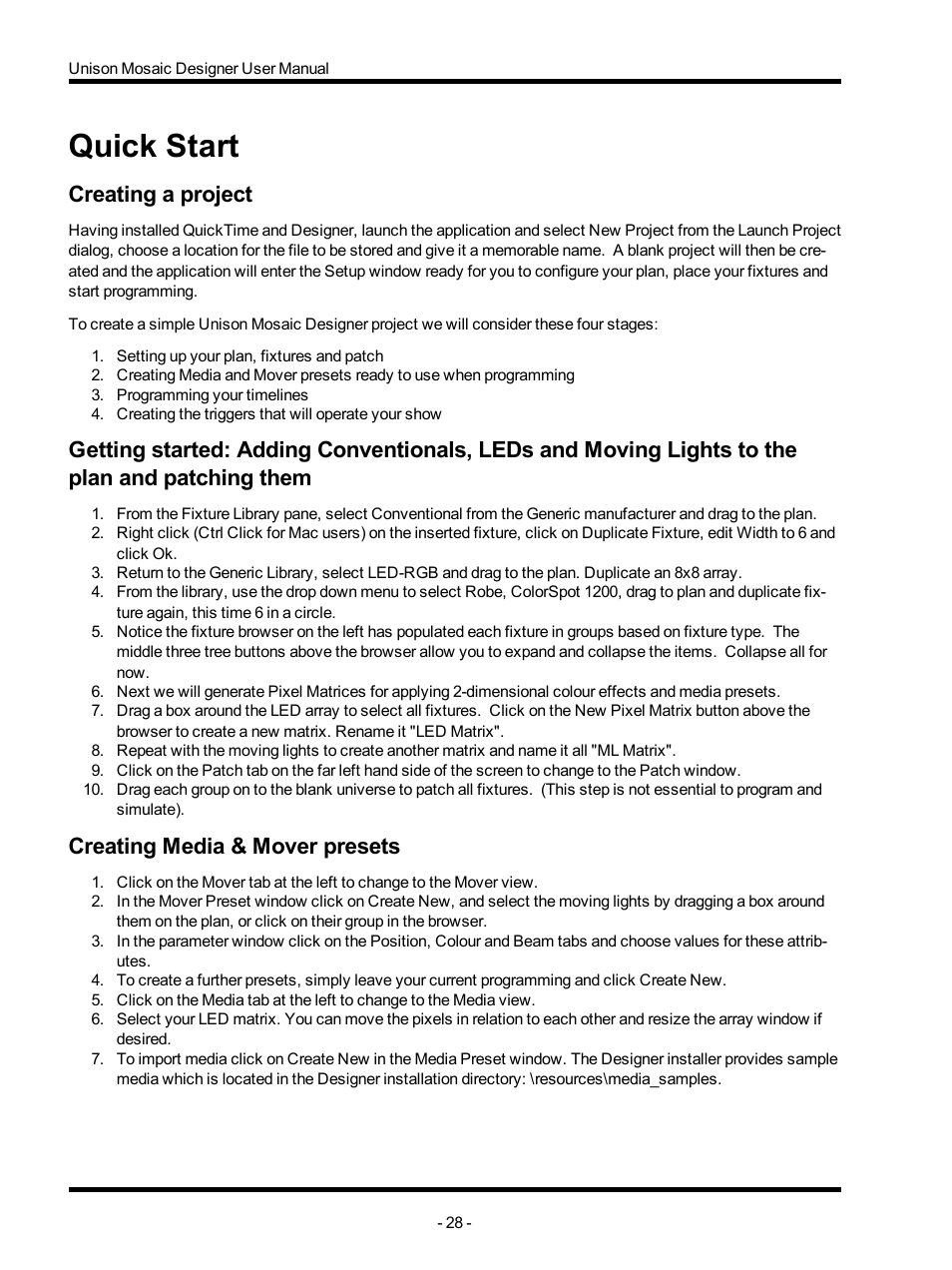 Quick start, Creating a project, Creating media & mover presets | ETC Unison Mosaic Designer v1.11.0 User Manual | Page 28 / 252