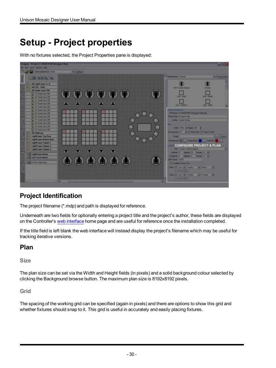 Setup - project properties, Project identification, Plan | Size, Grid, Reference, Setup | ETC Unison Mosaic Designer v1.11.0 User Manual | Page 30 / 252