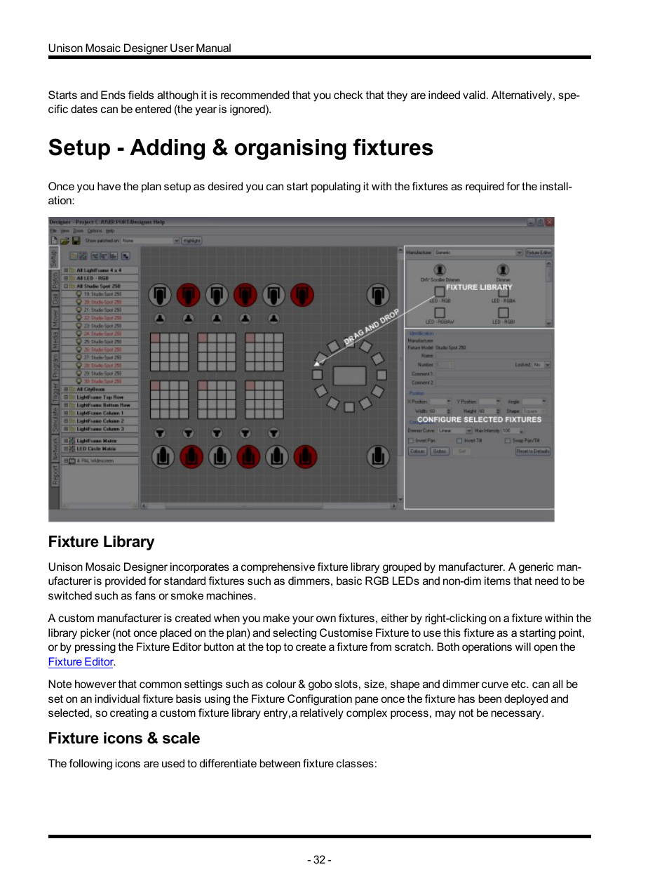 Fixture library, Fixture icons & scale, Setup - adding & organising fixtures | ETC Unison Mosaic Designer v1.11.0 User Manual | Page 32 / 252