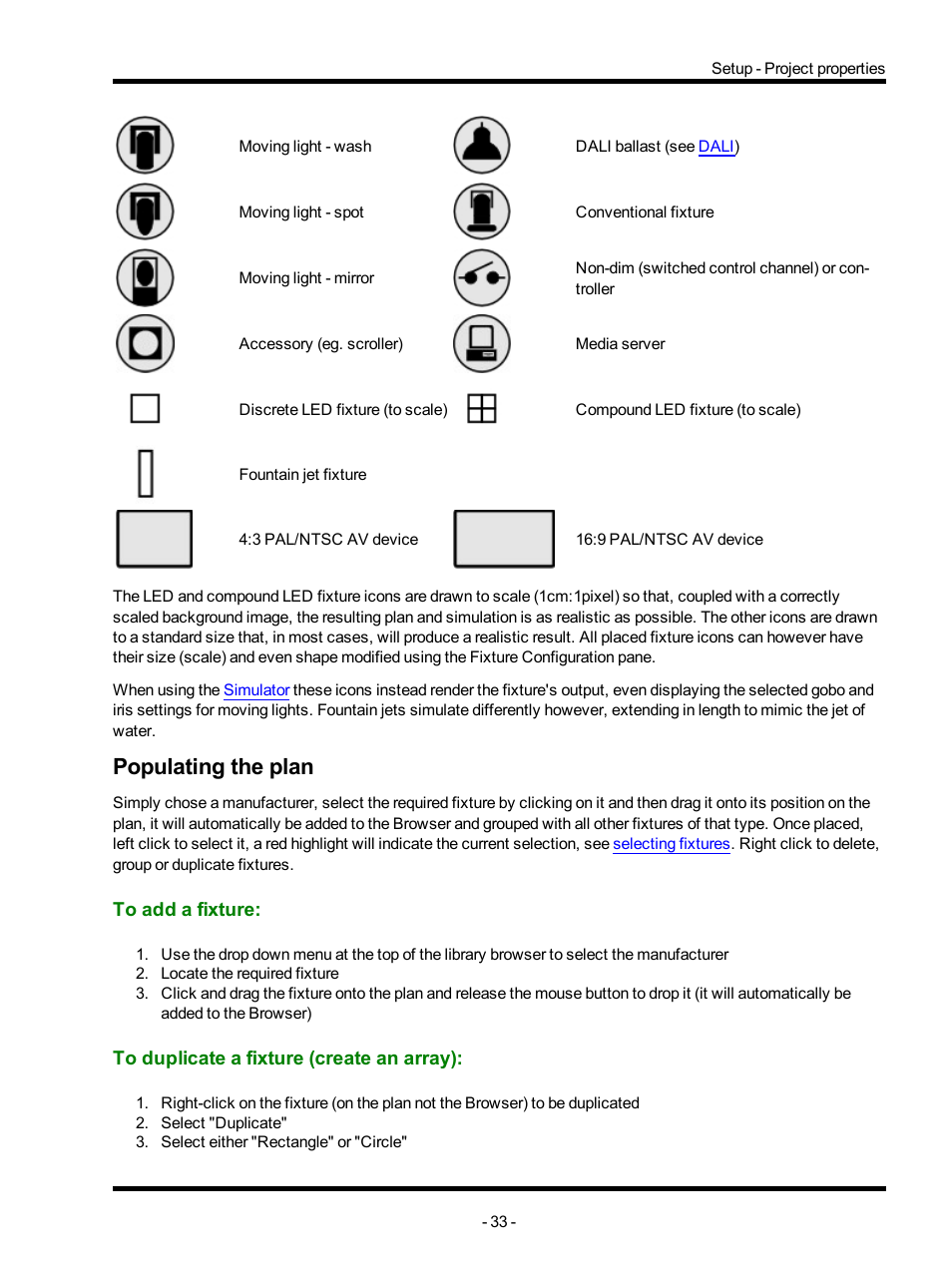 Populating the plan, To add a fixture, To duplicate a fixture (create an array) | ETC Unison Mosaic Designer v1.11.0 User Manual | Page 33 / 252