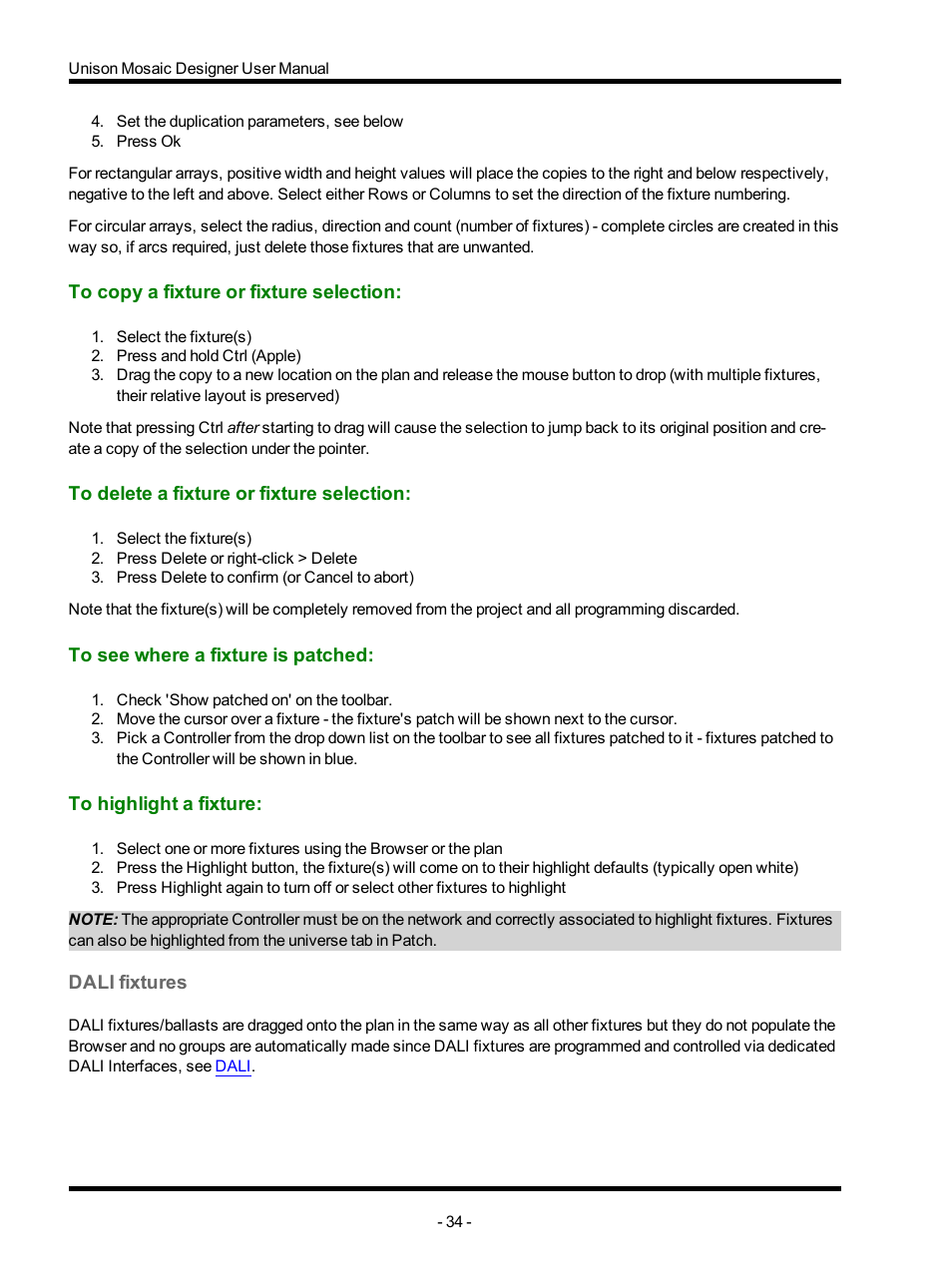 To copy a fixture or fixture selection, To delete a fixture or fixture selection, To see where a fixture is patched | To highlight a fixture, Dali fixtures, Dali | ETC Unison Mosaic Designer v1.11.0 User Manual | Page 34 / 252