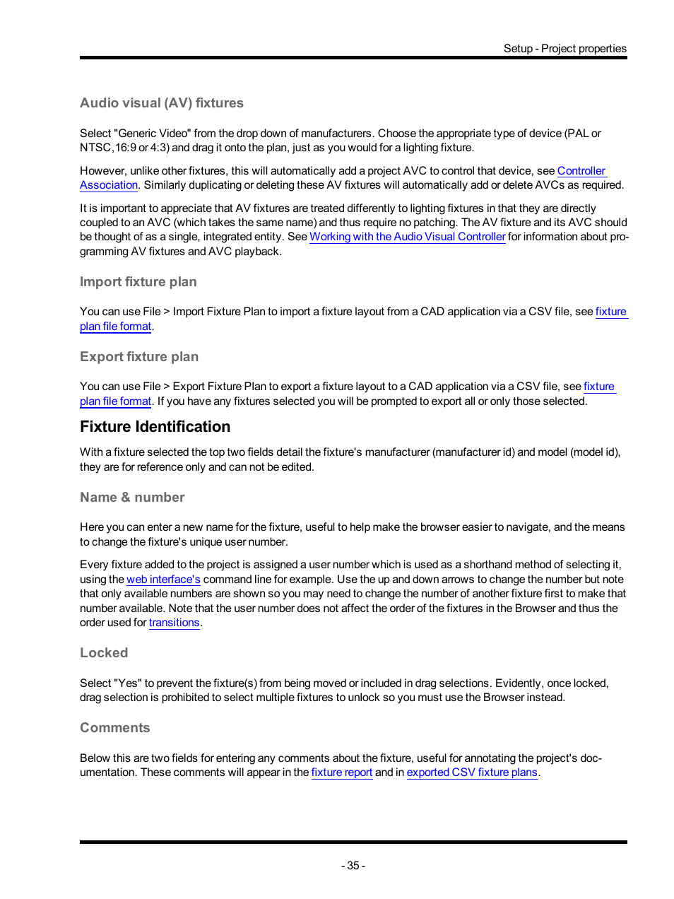 Audio visual (av) fixtures, Import fixture plan, Export fixture plan | Fixture identification, Name & number, Locked, Comments | ETC Unison Mosaic Designer v1.11.0 User Manual | Page 35 / 252