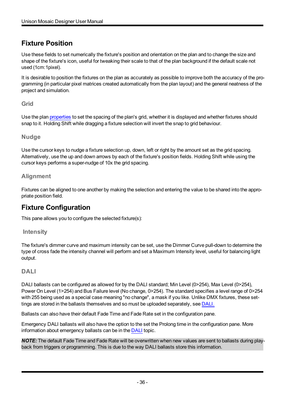 Fixture position, Grid, Nudge | Alignment, Fixture configuration, Intensity, Dali | ETC Unison Mosaic Designer v1.11.0 User Manual | Page 36 / 252