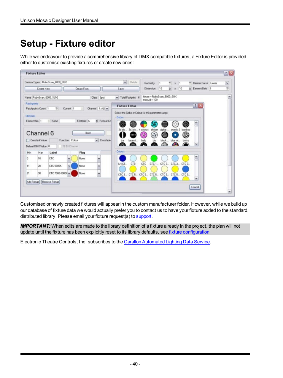 Setup - fixture editor | ETC Unison Mosaic Designer v1.11.0 User Manual | Page 40 / 252