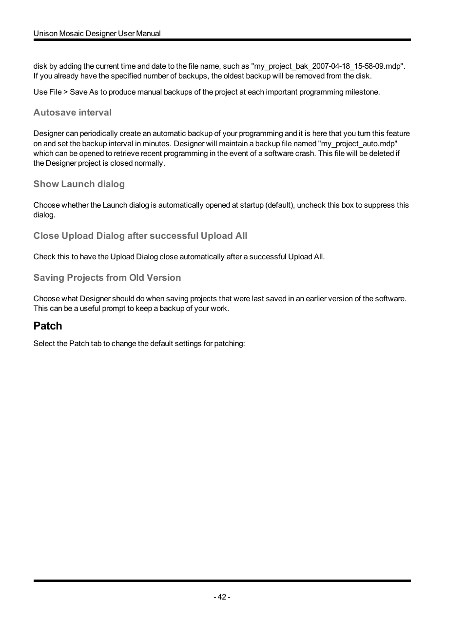 Autosave interval, Show launch dialog, Close upload dialog after successful upload all | Saving projects from old version, Patch | ETC Unison Mosaic Designer v1.11.0 User Manual | Page 42 / 252