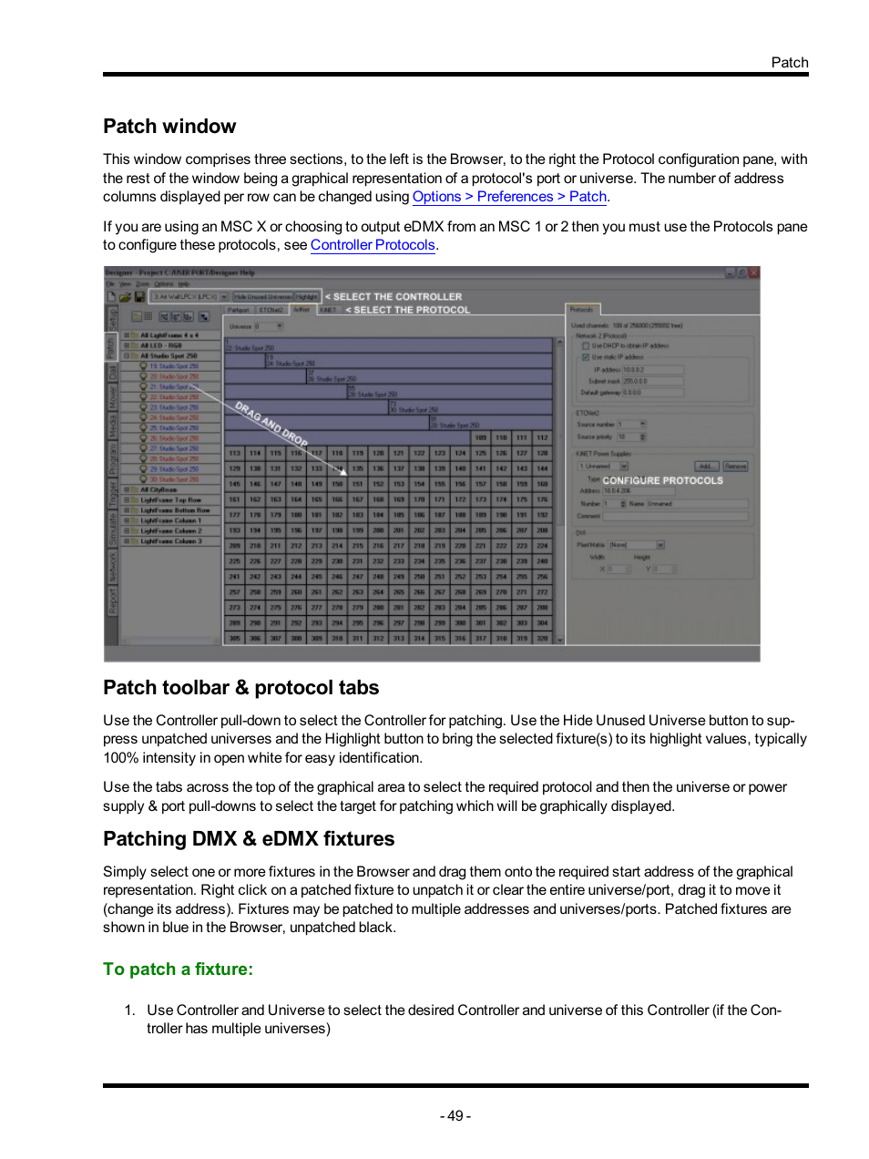 Patch window, Patch toolbar & protocol tabs, Patching dmx & edmx fixtures | To patch a fixture | ETC Unison Mosaic Designer v1.11.0 User Manual | Page 49 / 252