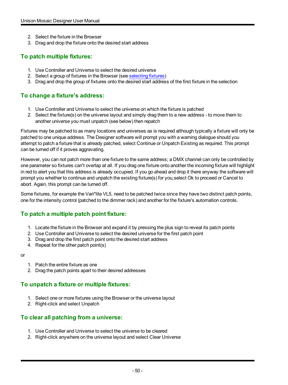 To patch multiple fixtures, To change a fixture's address, To patch a multiple patch point fixture | To unpatch a fixture or multiple fixtures, To clear all patching from a universe | ETC Unison Mosaic Designer v1.11.0 User Manual | Page 50 / 252