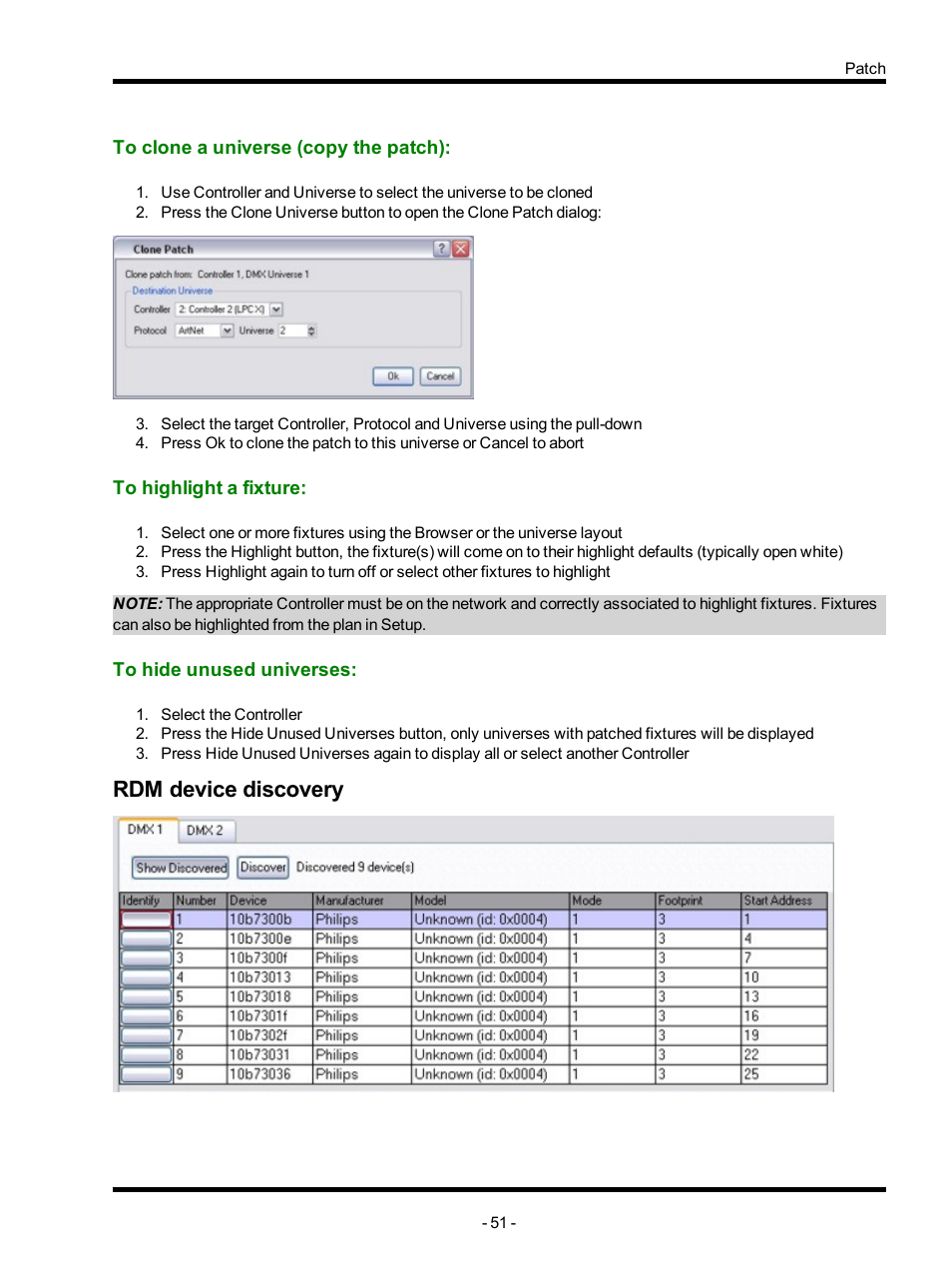 To clone a universe (copy the patch), To highlight a fixture, To hide unused universes | Rdm device discovery | ETC Unison Mosaic Designer v1.11.0 User Manual | Page 51 / 252