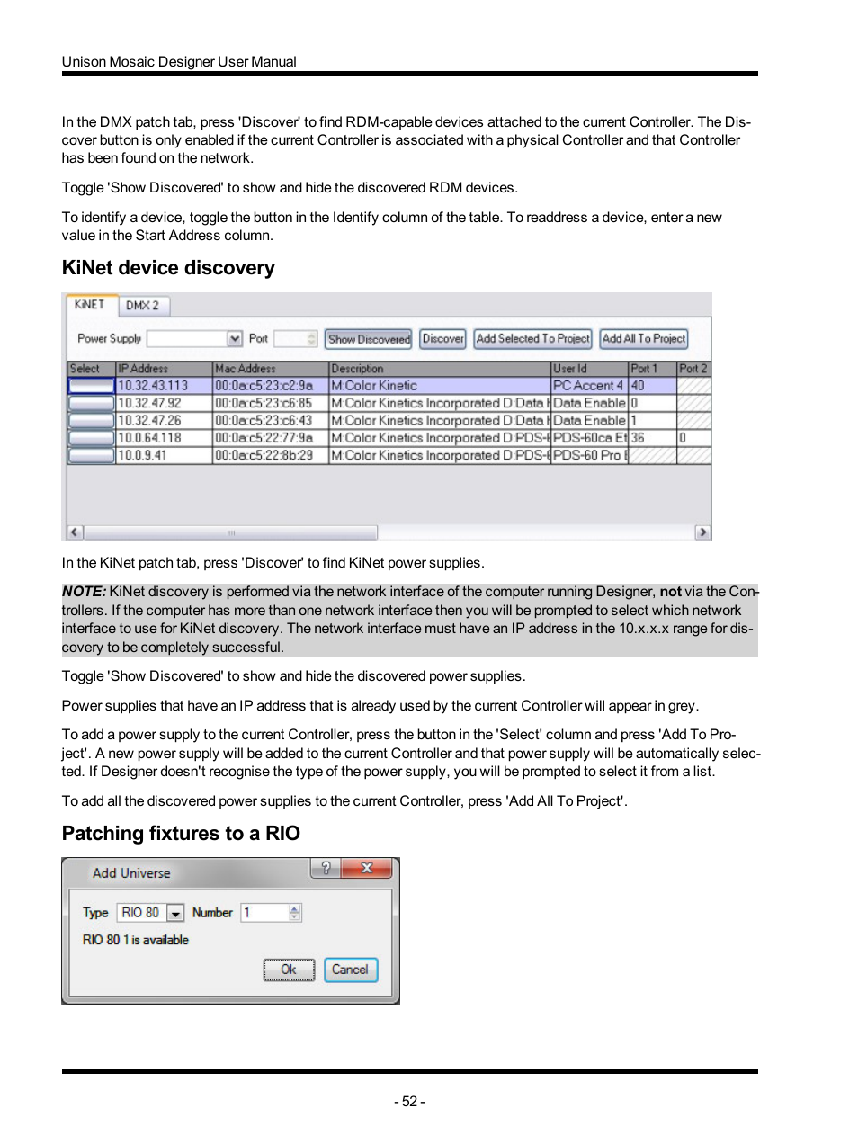 Kinet device discovery, Patching fixtures to a rio, Here | ETC Unison Mosaic Designer v1.11.0 User Manual | Page 52 / 252