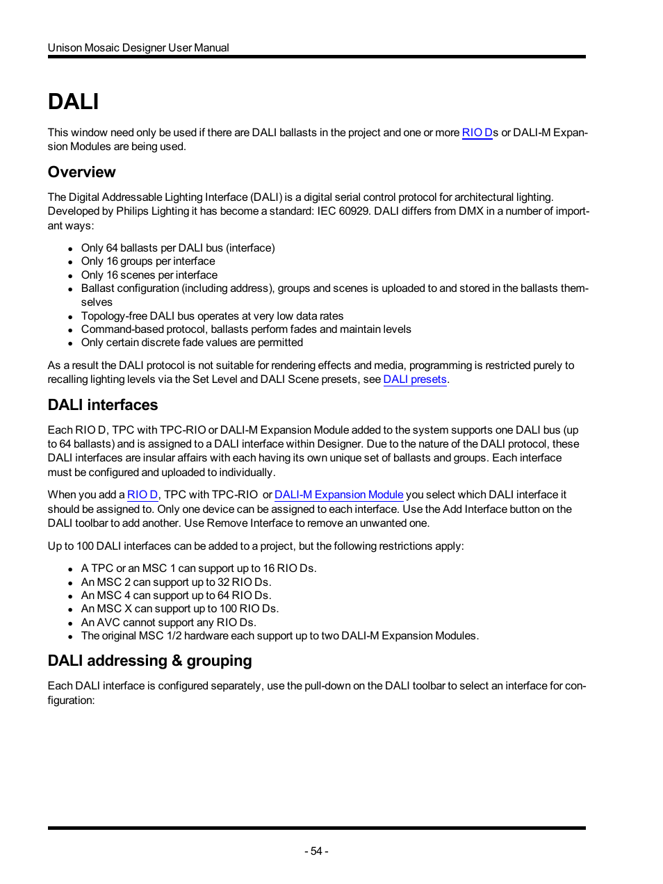 Dali, Overview, Dali interfaces | Dali addressing & grouping | ETC Unison Mosaic Designer v1.11.0 User Manual | Page 54 / 252