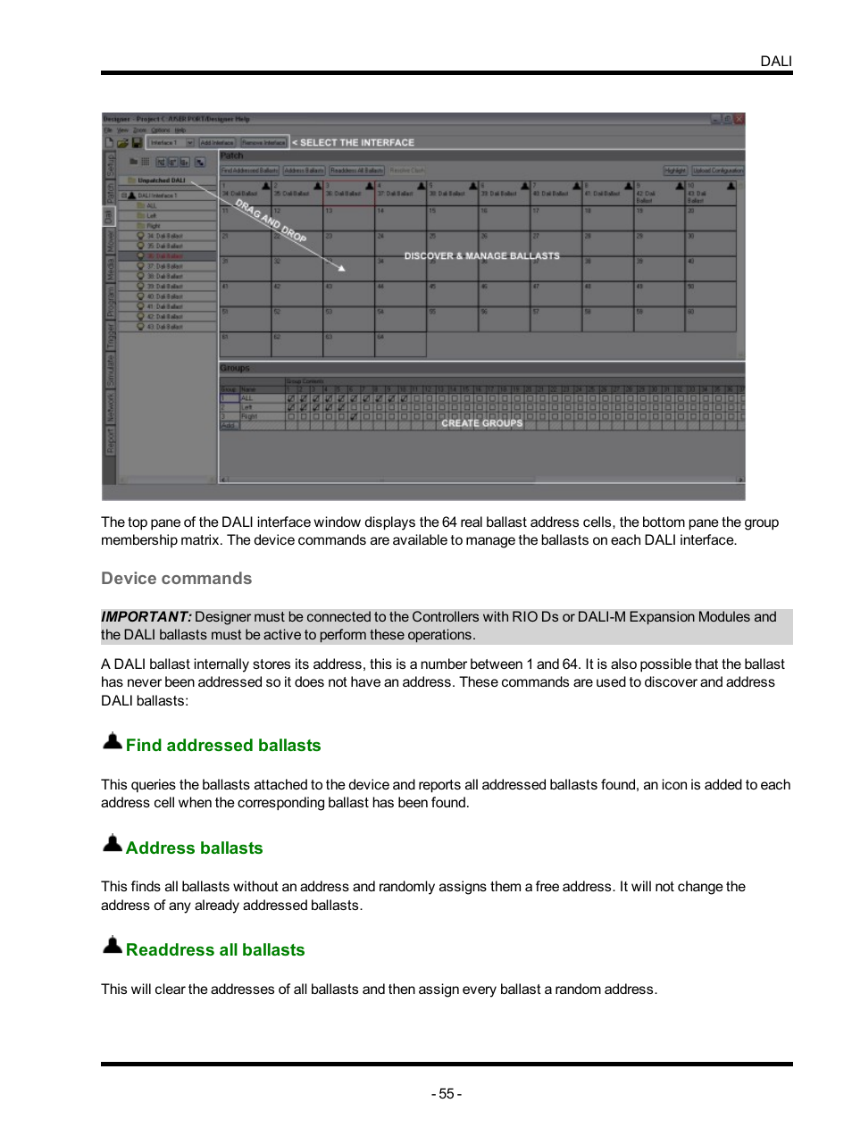 Device commands, Find addressed ballasts, Address ballasts | Readdress all ballasts | ETC Unison Mosaic Designer v1.11.0 User Manual | Page 55 / 252