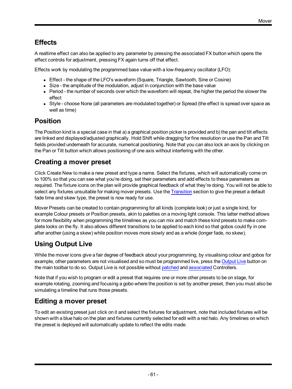 Effects, Position, Creating a mover preset | Using output live, Editing a mover preset | ETC Unison Mosaic Designer v1.11.0 User Manual | Page 61 / 252