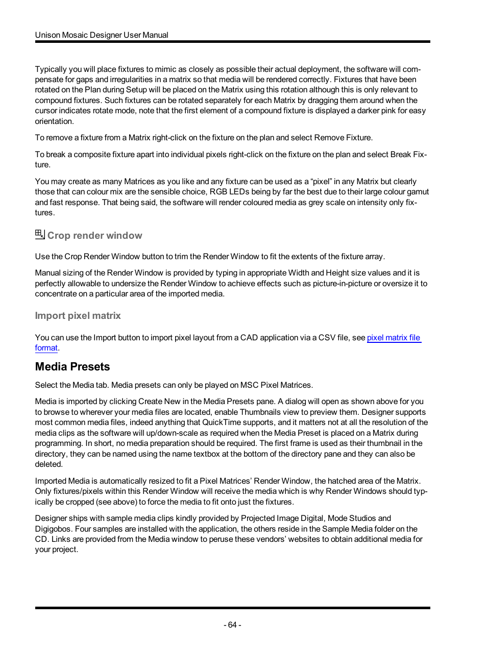 Crop render window, Import pixel matrix, Media presets | ETC Unison Mosaic Designer v1.11.0 User Manual | Page 64 / 252