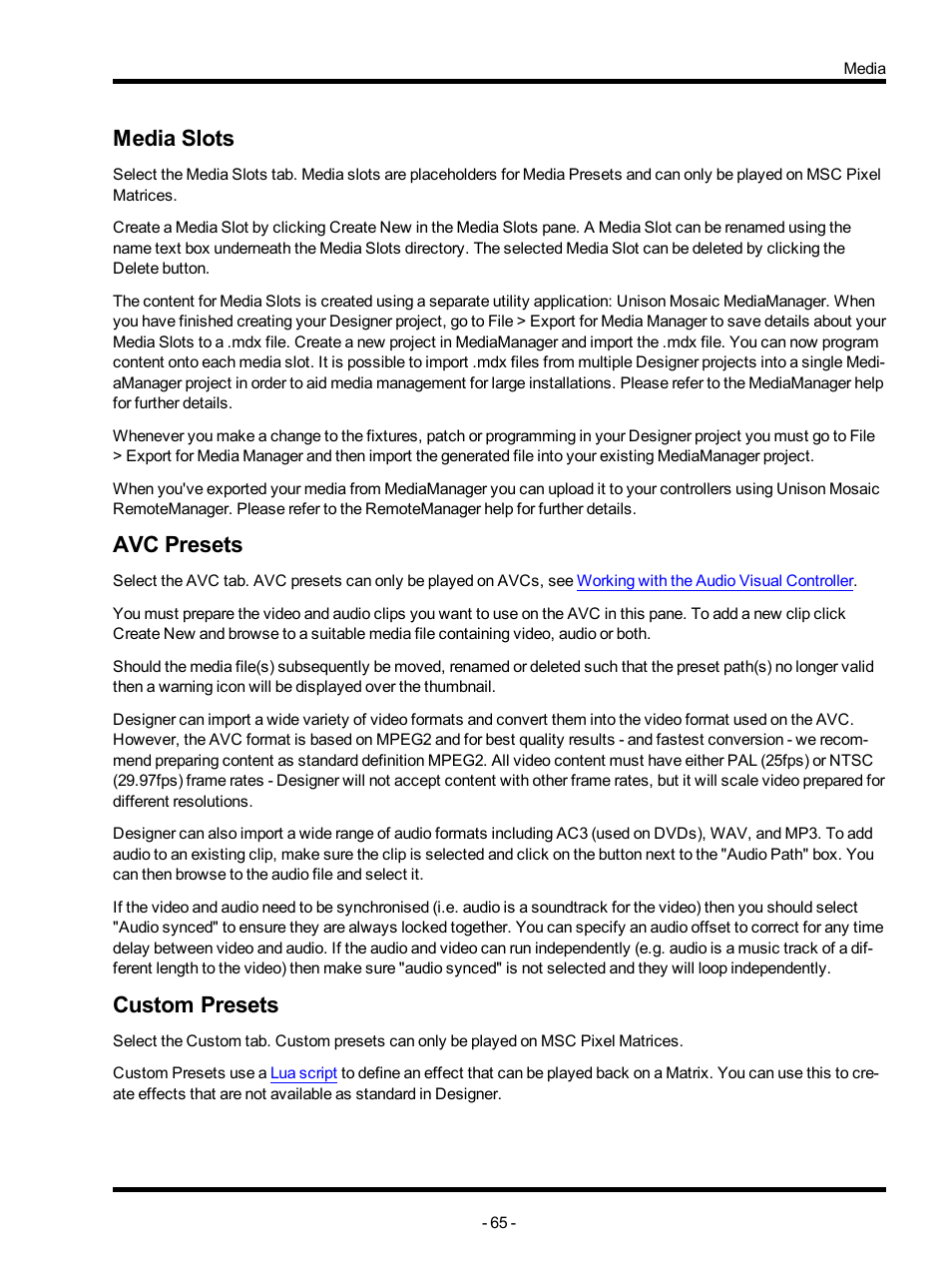 Media slots, Avc presets, Custom presets | ETC Unison Mosaic Designer v1.11.0 User Manual | Page 65 / 252