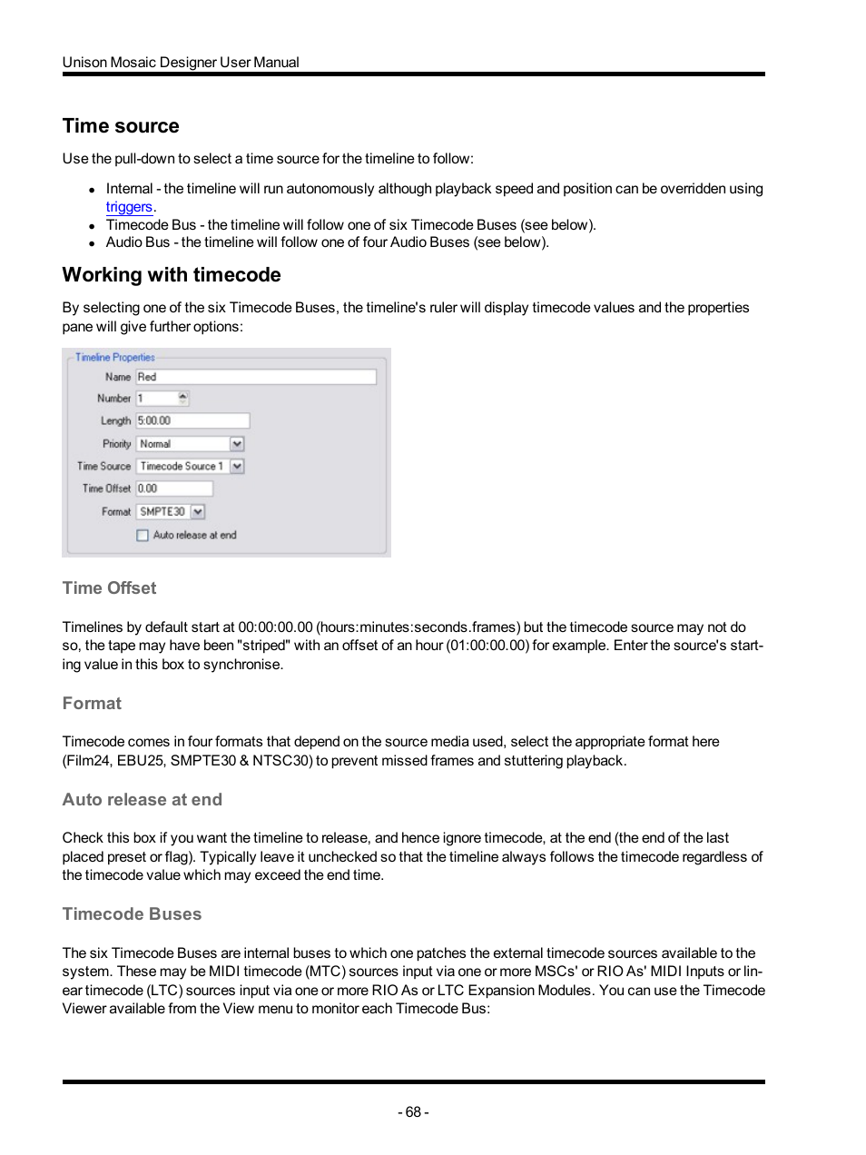 Time source, Working with timecode, Time offset | Format, Auto release at end, Timecode buses | ETC Unison Mosaic Designer v1.11.0 User Manual | Page 68 / 252
