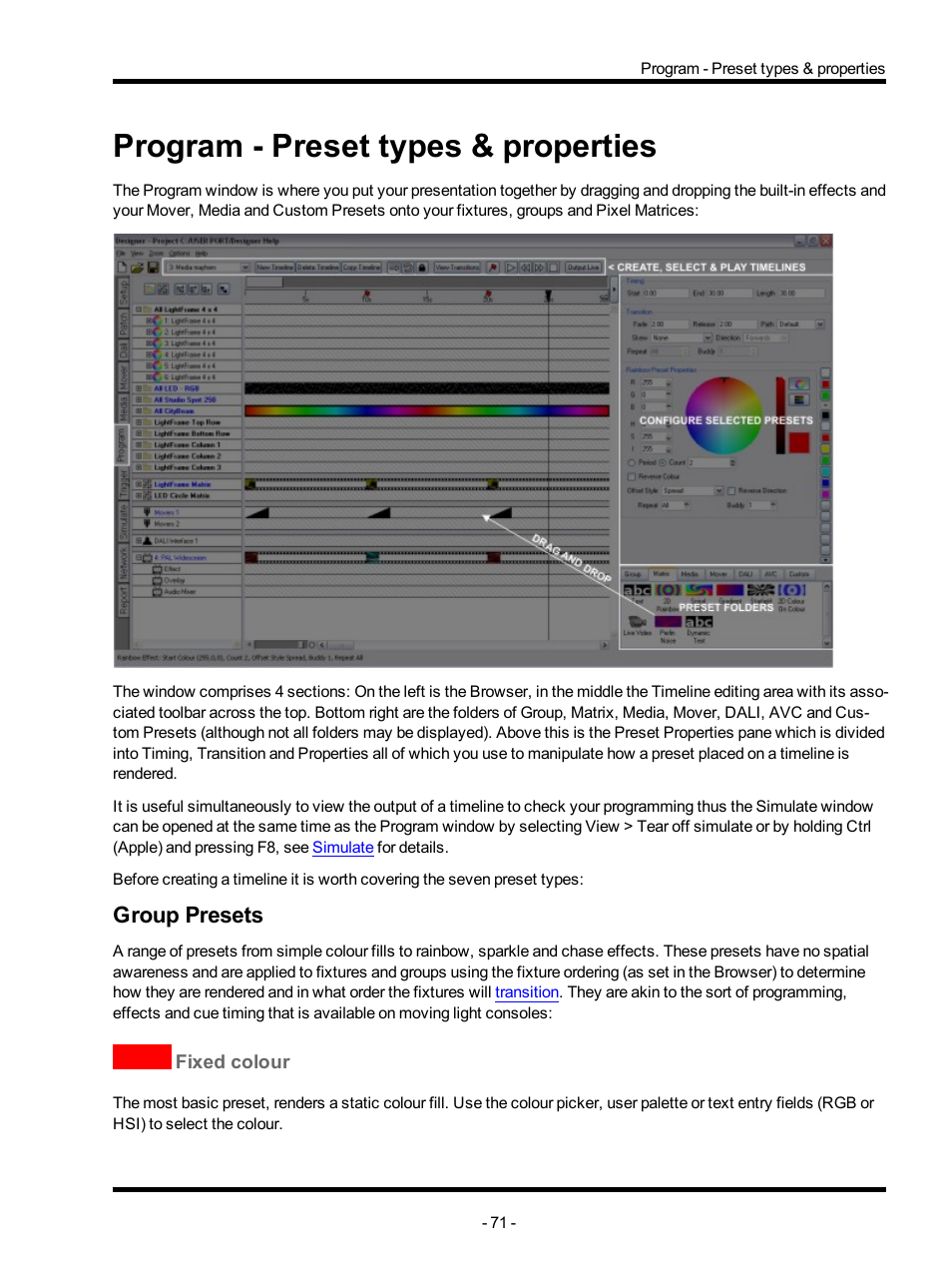 Program - preset types & properties, Group presets, Fixed colour | ETC Unison Mosaic Designer v1.11.0 User Manual | Page 71 / 252