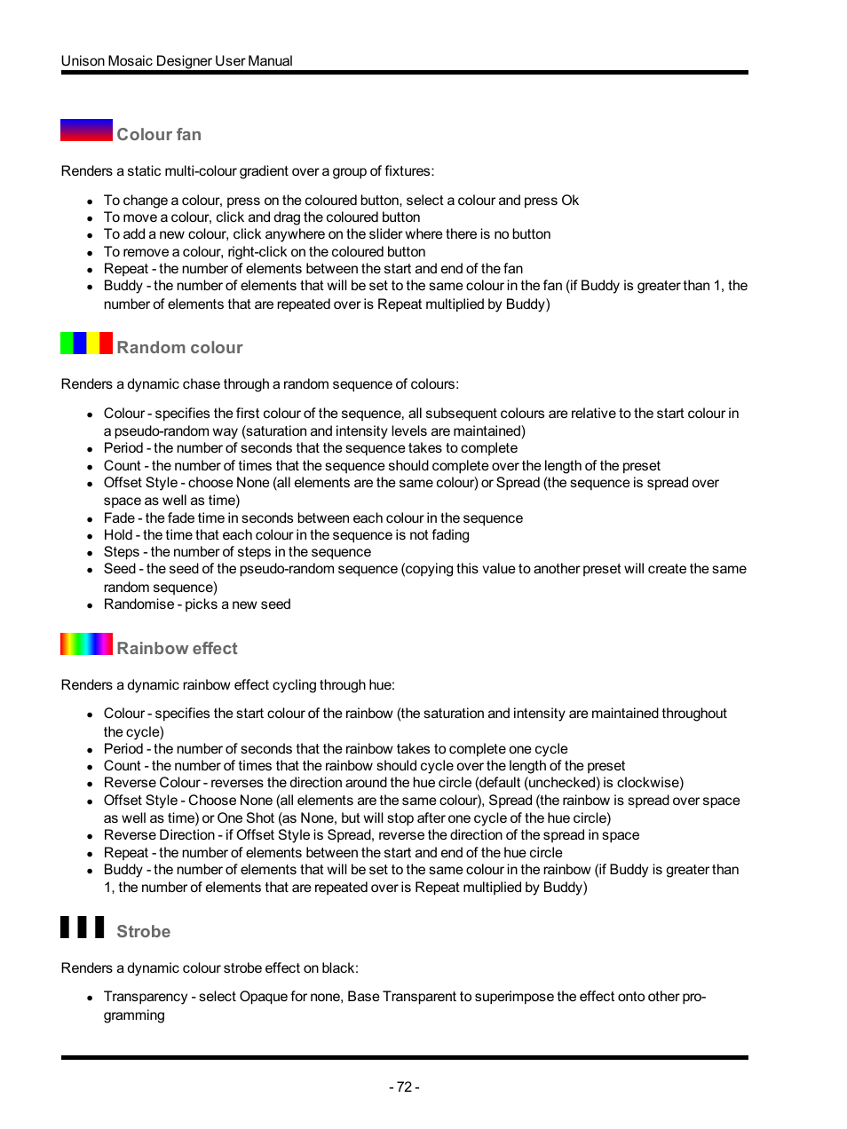 Colour fan, Random colour, Rainbow effect | Strobe | ETC Unison Mosaic Designer v1.11.0 User Manual | Page 72 / 252