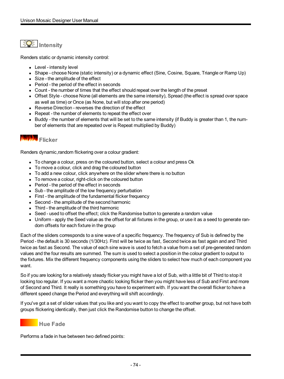 Intensity, Flicker, Hue fade | ETC Unison Mosaic Designer v1.11.0 User Manual | Page 74 / 252