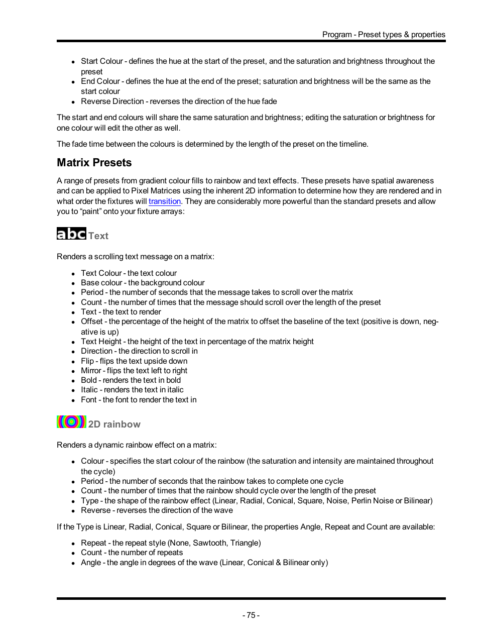 Matrix presets, Text, 2d rainbow | ETC Unison Mosaic Designer v1.11.0 User Manual | Page 75 / 252