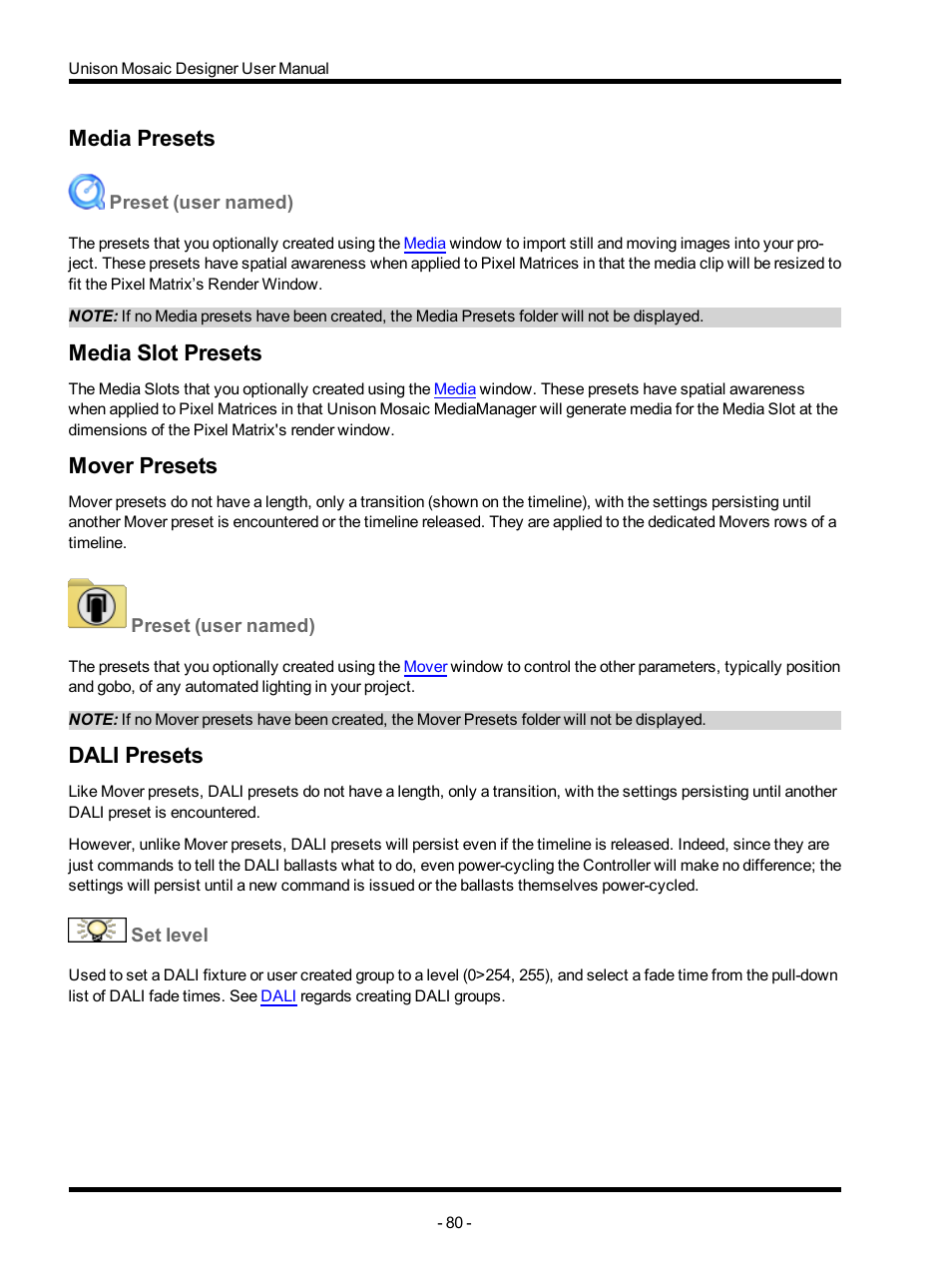 Media presets, Preset (user named), Media slot presets | Mover presets, Dali presets, Set level | ETC Unison Mosaic Designer v1.11.0 User Manual | Page 80 / 252