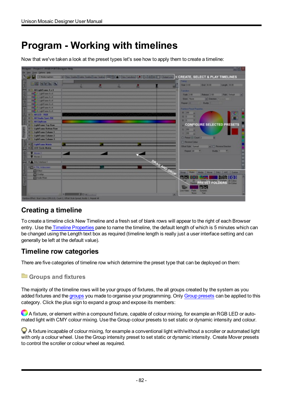 Program - working with timelines, Creating a timeline, Timeline row categories | Groups and fixtures | ETC Unison Mosaic Designer v1.11.0 User Manual | Page 82 / 252