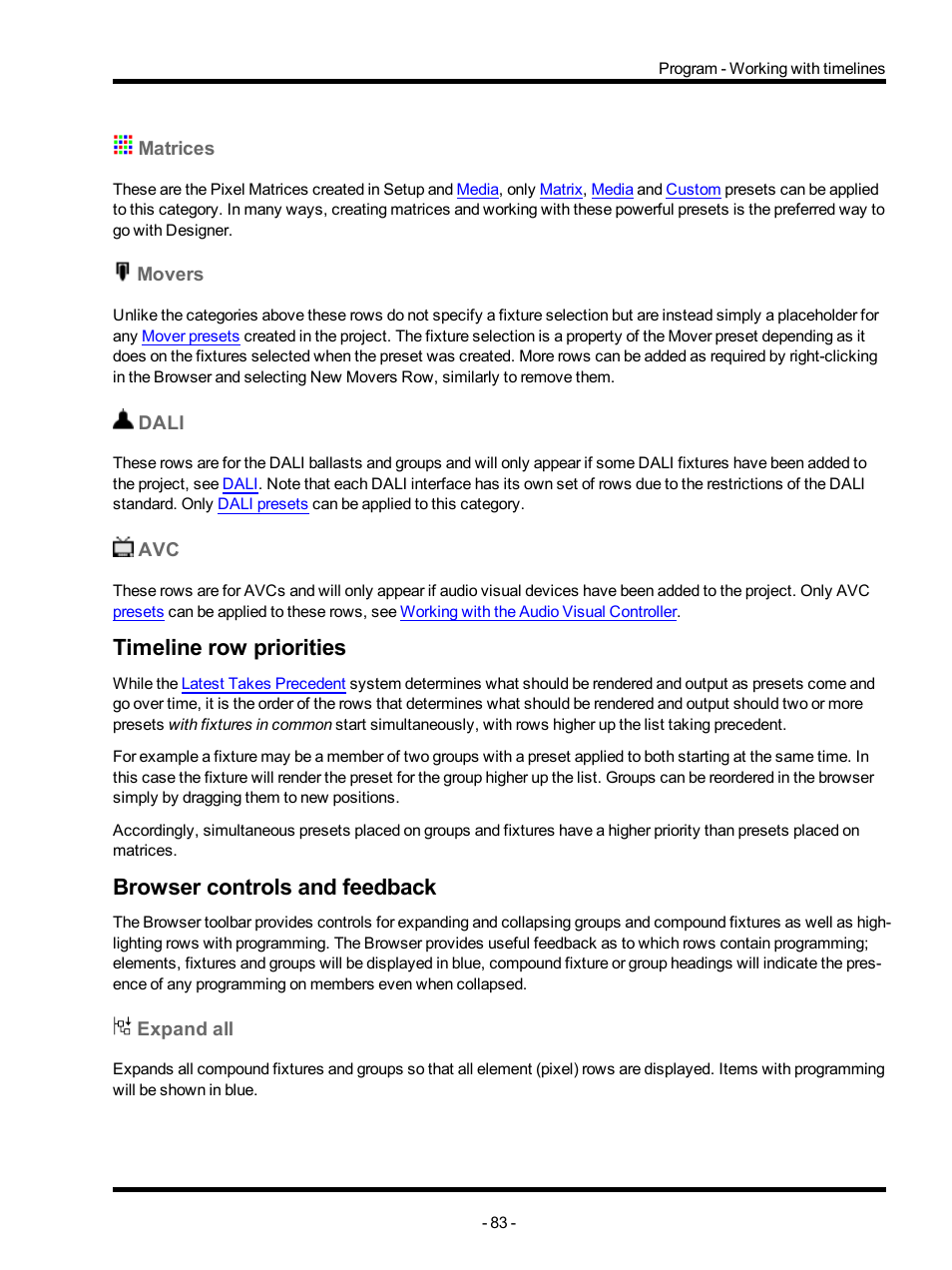 Matrices, Movers, Dali | Timeline row priorities, Browser controls and feedback, Expand all | ETC Unison Mosaic Designer v1.11.0 User Manual | Page 83 / 252