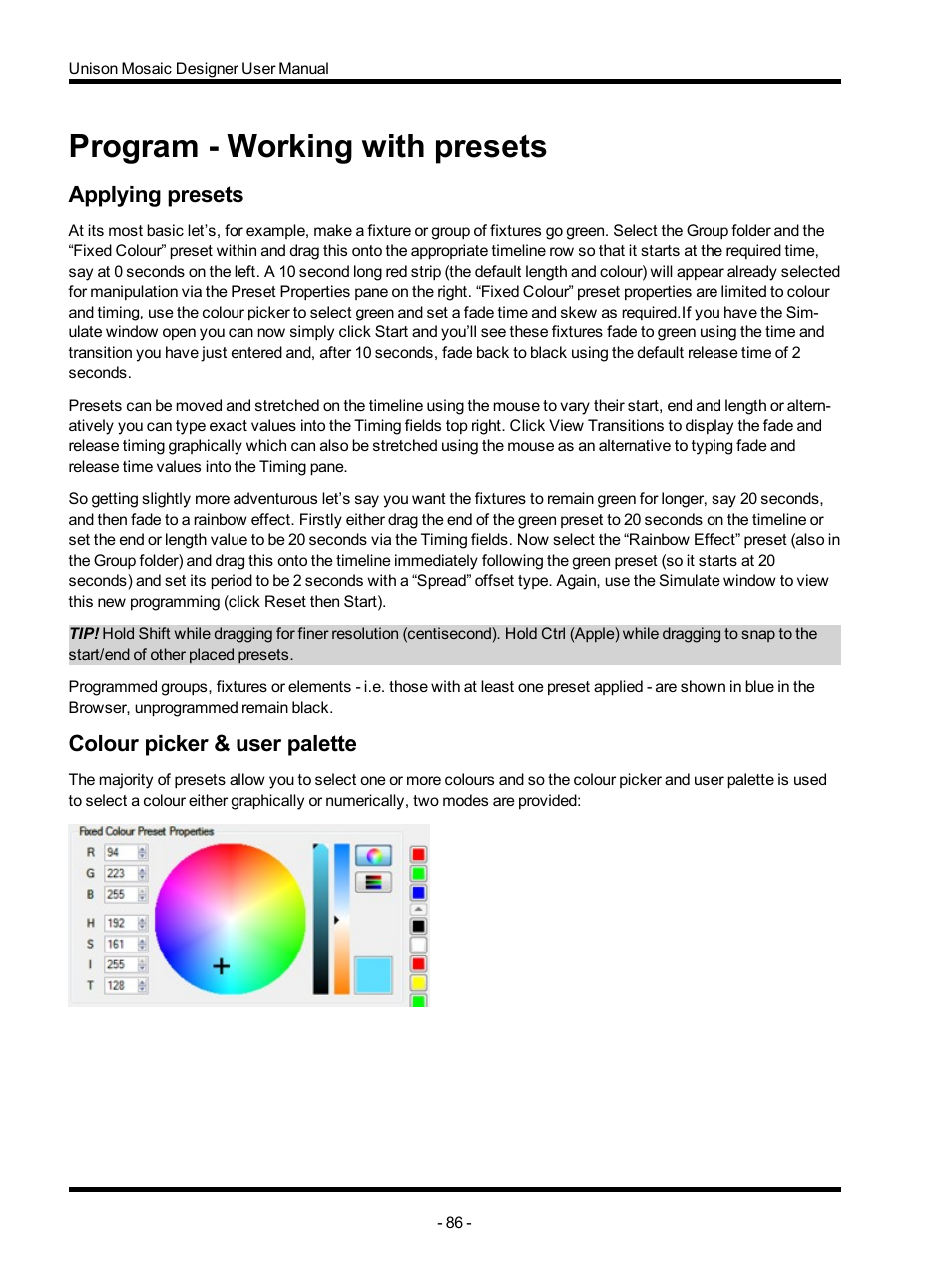 Program - working with presets, Applying presets, Colour picker & user palette | ETC Unison Mosaic Designer v1.11.0 User Manual | Page 86 / 252