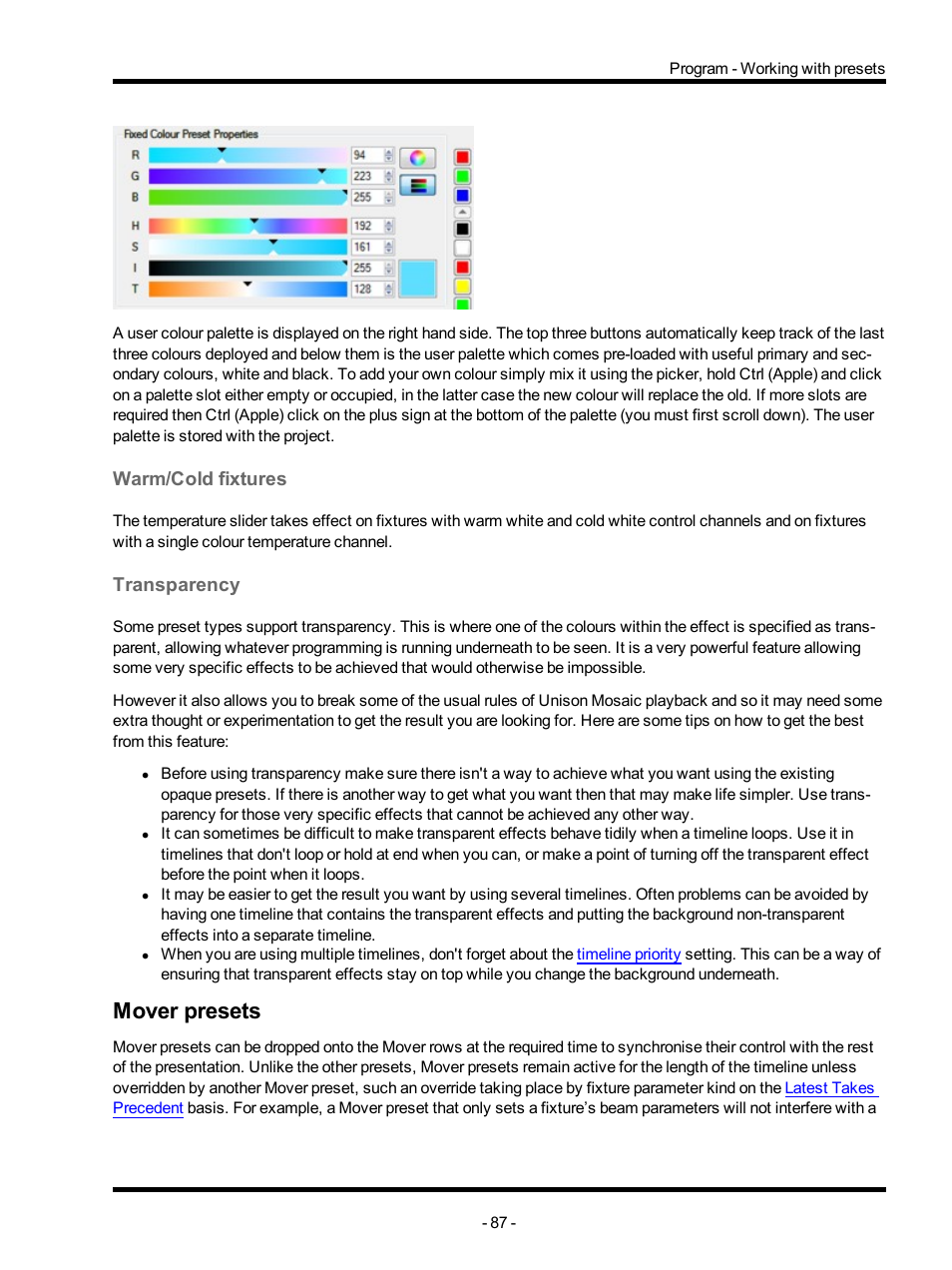 Warm/cold fixtures, Transparency, Mover presets | ETC Unison Mosaic Designer v1.11.0 User Manual | Page 87 / 252