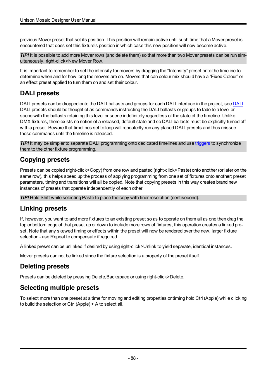Dali presets, Copying presets, Linking presets | Deleting presets, Selecting multiple presets | ETC Unison Mosaic Designer v1.11.0 User Manual | Page 88 / 252