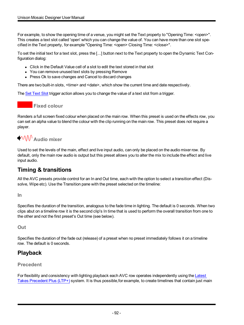 Fixed colour, Audio mixer, Timing & transitions | Playback, Precedent | ETC Unison Mosaic Designer v1.11.0 User Manual | Page 92 / 252