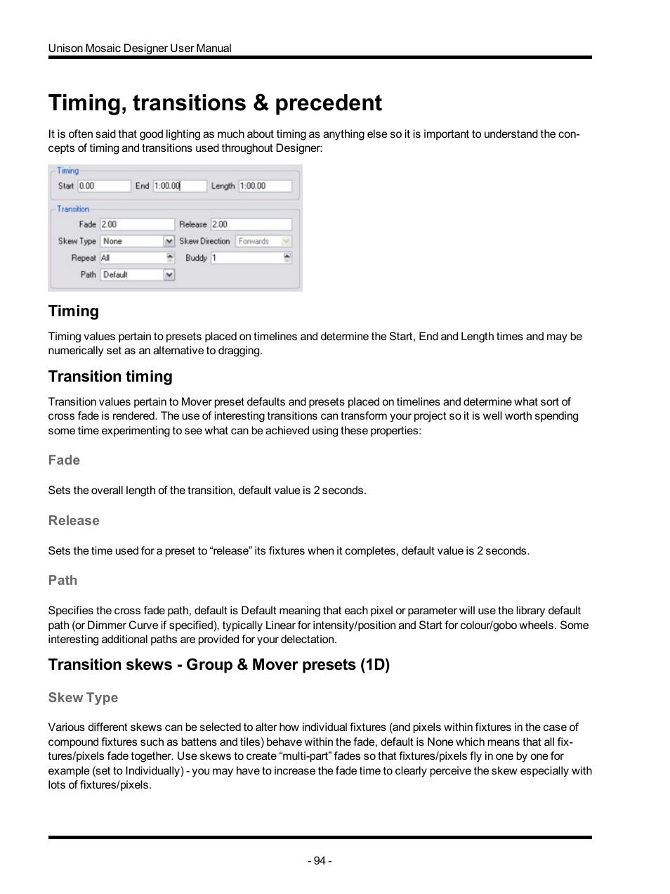 Timing, transitions & precedent, Timing, Transition timing | Fade, Release, Path, Transition skews - group & mover presets (1d), Skew type, Transitions, Transition | ETC Unison Mosaic Designer v1.11.0 User Manual | Page 94 / 252