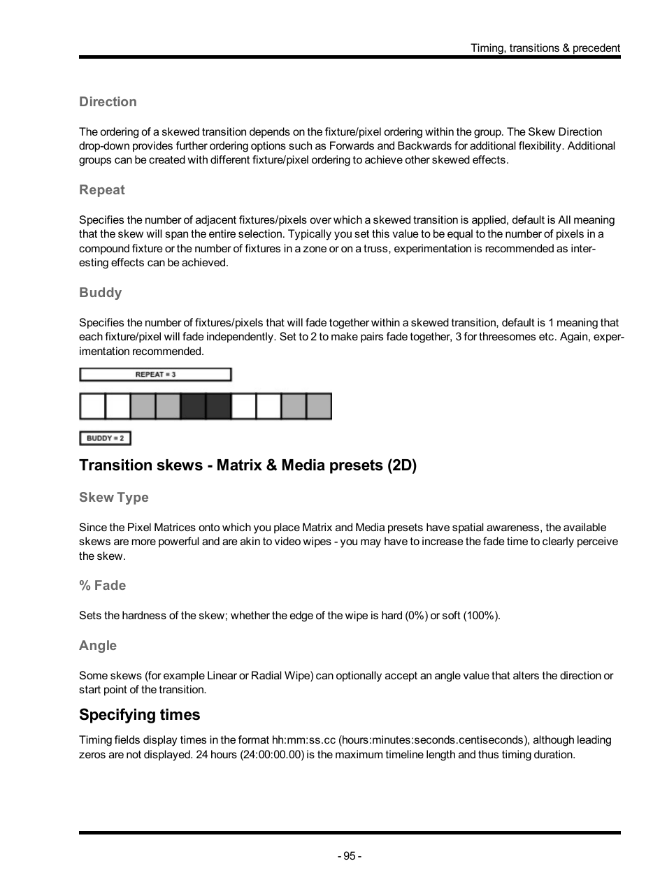 Direction, Repeat, Buddy | Transition skews - matrix & media presets (2d), Skew type, Fade, Angle, Specifying times | ETC Unison Mosaic Designer v1.11.0 User Manual | Page 95 / 252