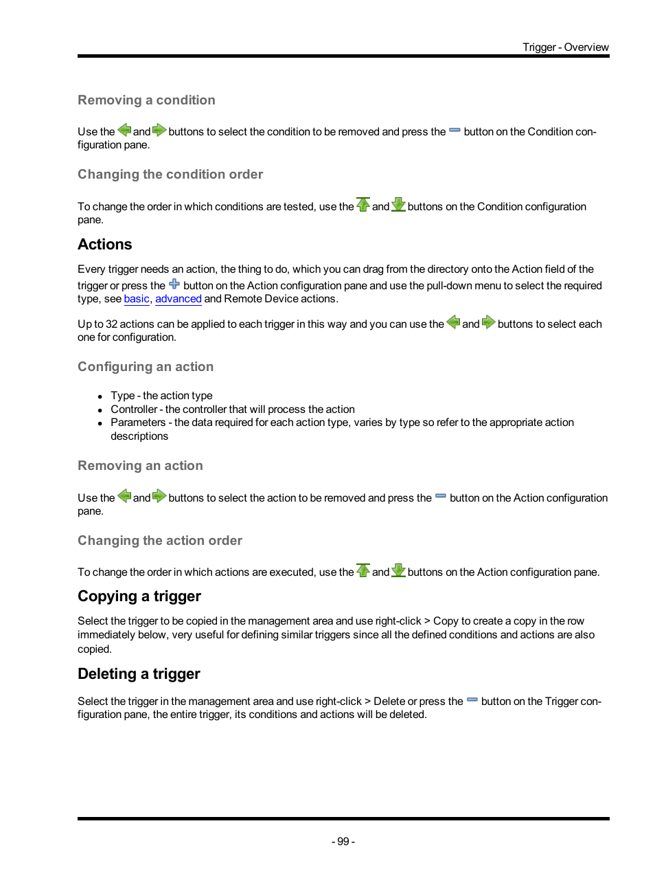 Removing a condition, Changing the condition order, Actions | Configuring an action, Removing an action, Changing the action order, Copying a trigger, Deleting a trigger | ETC Unison Mosaic Designer v1.11.0 User Manual | Page 99 / 252
