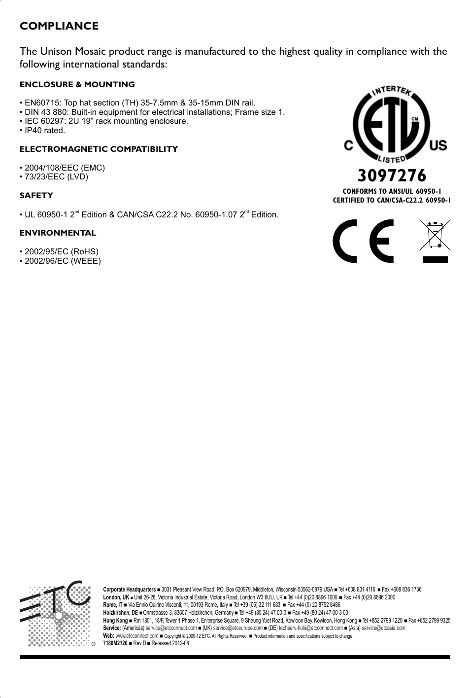 Warranty & compliance | ETC Unison Mosaic Show Control User Manual | Page 48 / 48