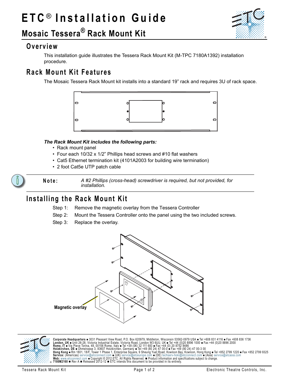ETC Unison Mosaic Tessera Rack Mount User Manual | 2 pages