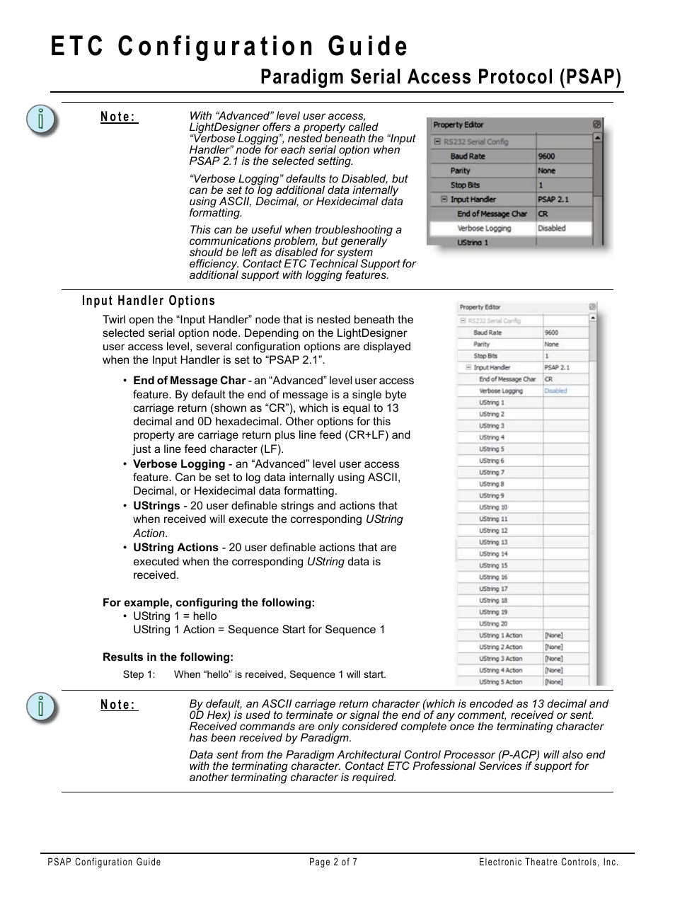 Input handler options, Paradigm serial access protocol (psap) | ETC Unison Paradigm Serial Access Protocol (PSAP) User Manual | Page 2 / 7