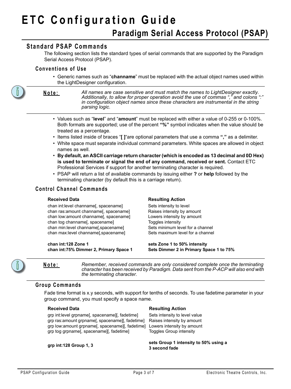 Standard psap commands, Conventions of use, Control channel commands | Group commands, Paradigm serial access protocol (psap) | ETC Unison Paradigm Serial Access Protocol (PSAP) User Manual | Page 3 / 7