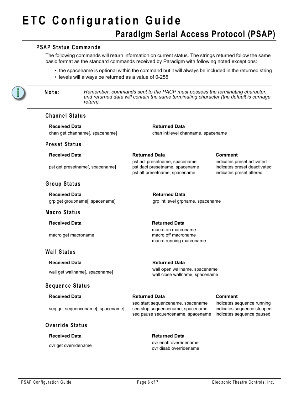 Psap status commands, Channel status, Preset status | Group status, Macro status, Wall status, Sequence status, Override status, Paradigm serial access protocol (psap) | ETC Unison Paradigm Serial Access Protocol (PSAP) User Manual | Page 6 / 7