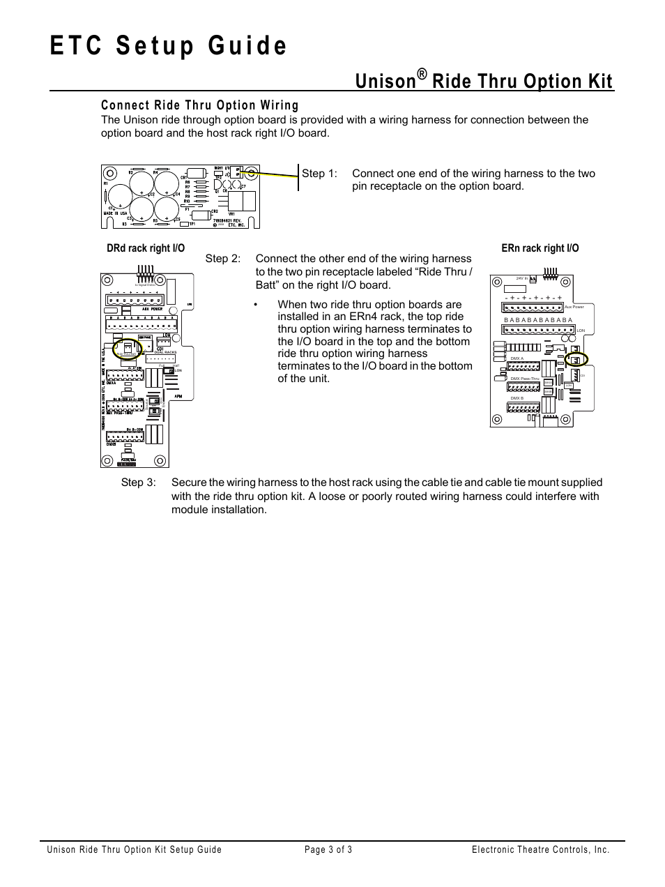 Connect ride thru option wiring, Unison, Ride thru option kit | ETC Unison Ridethru Option Kit User Manual | Page 3 / 3