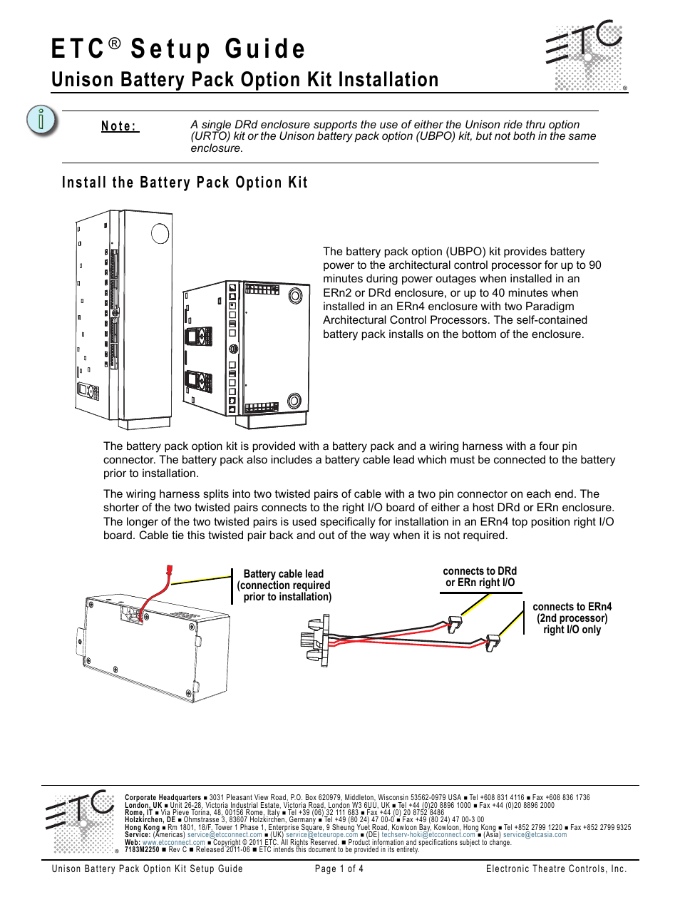 ETC Unison BatteryPack Option Kit User Manual | 4 pages